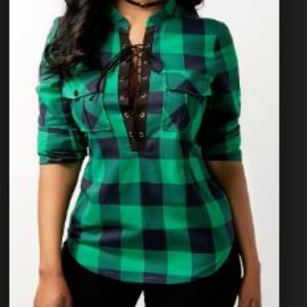 Rotita Green Plaid Print Blouse